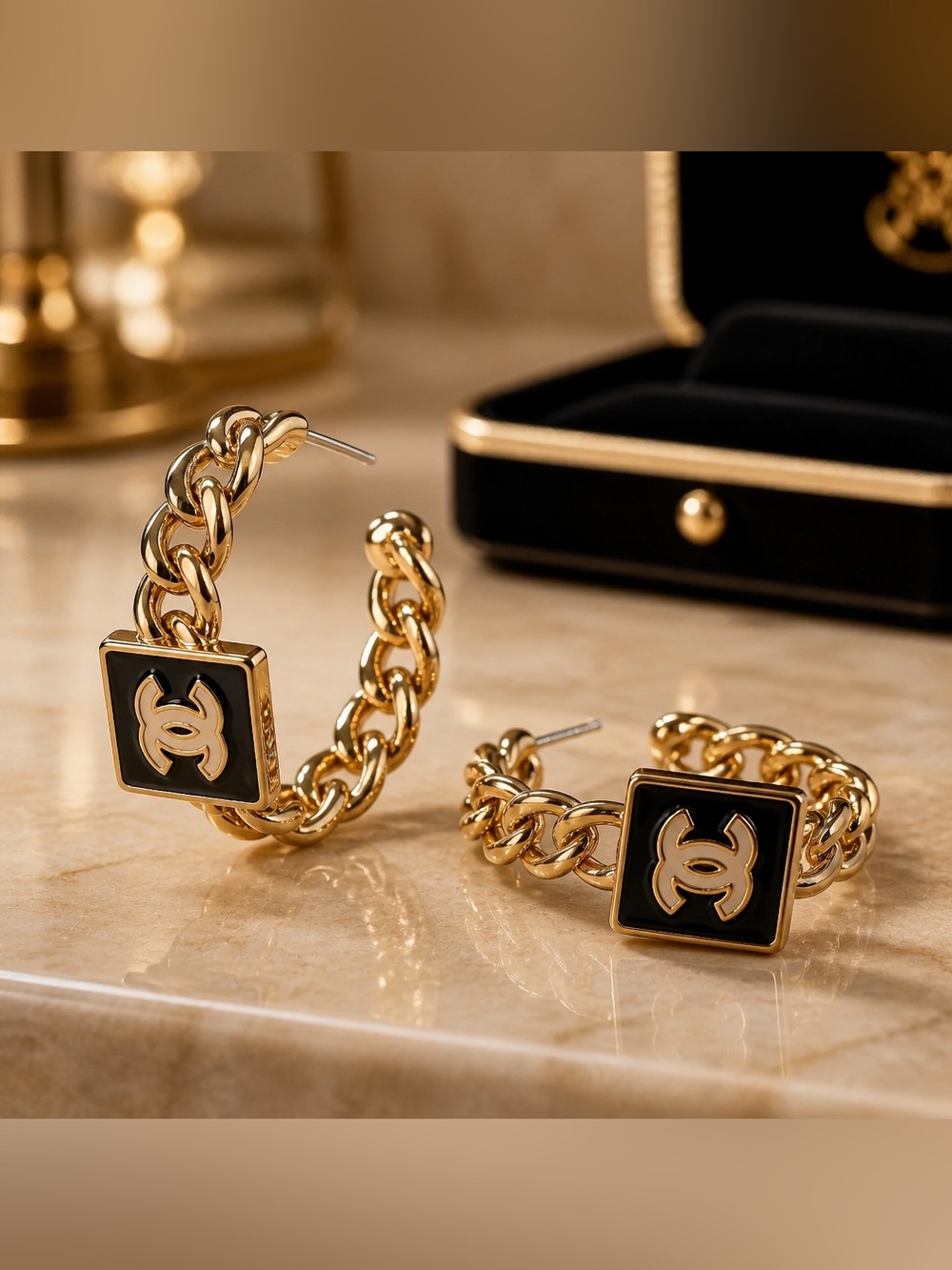 CHANEL Gold Chain Hoop Earrings with Black and White CC Plaques